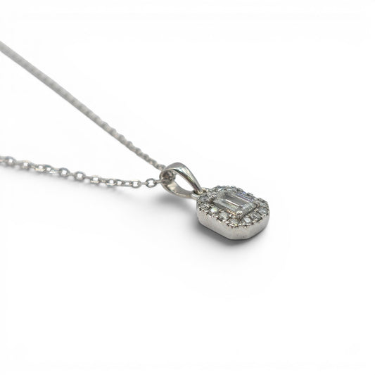 Reeves and Sons 18ct white gold diamond cluster pendant chain, featuring sparkling diamond accents and intricate gold detailing.