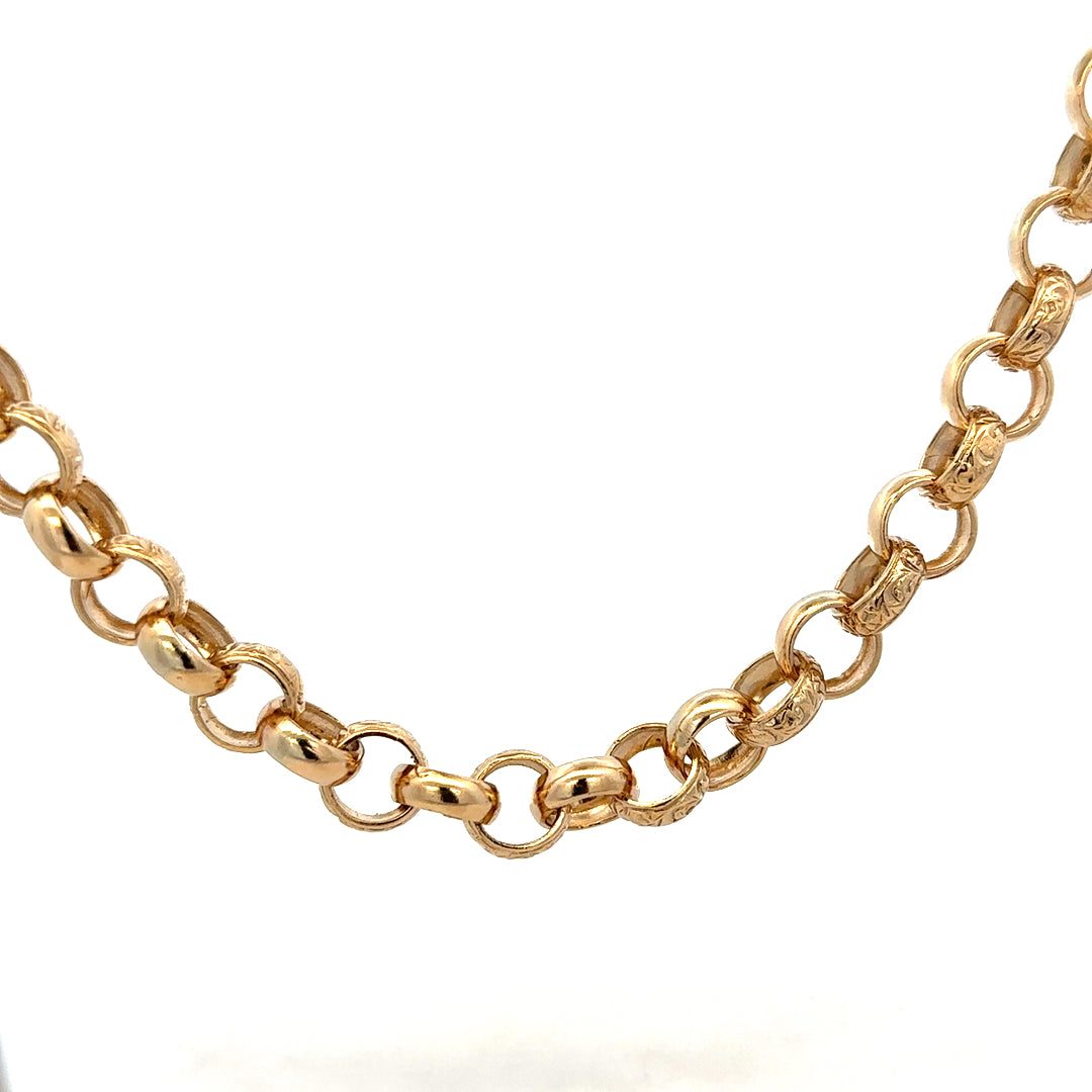 9ct yellow gold belcher chain from Reeves and Sons, showing the intricate links and polished finish.