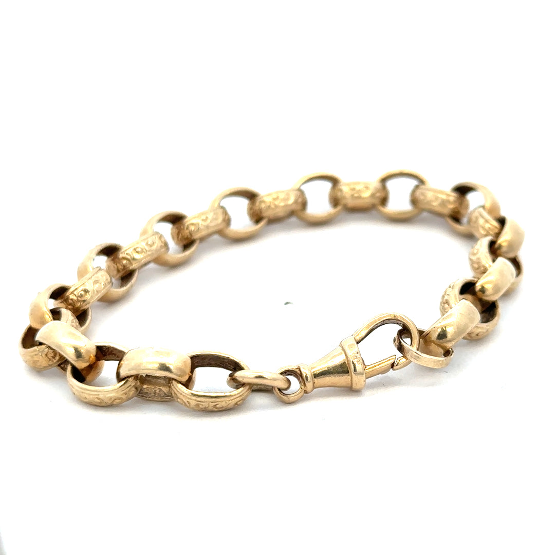 Reeves and Sons 9ct yellow gold belcher bracelet with a polished finish, weighing 21.7g, displayed on a white background.