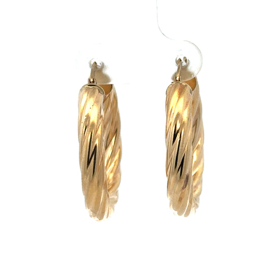 Reeves and Sons 9ct yellow gold hoop earrings, 5.5g, classic round design, shiny polished finish, close-up of earrings on a white background.