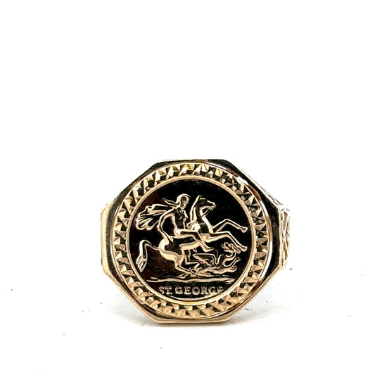 9ct yellow gold St George ring in size T by Reeves and Sons, detailed close-up of the ornate design and polished finish.
