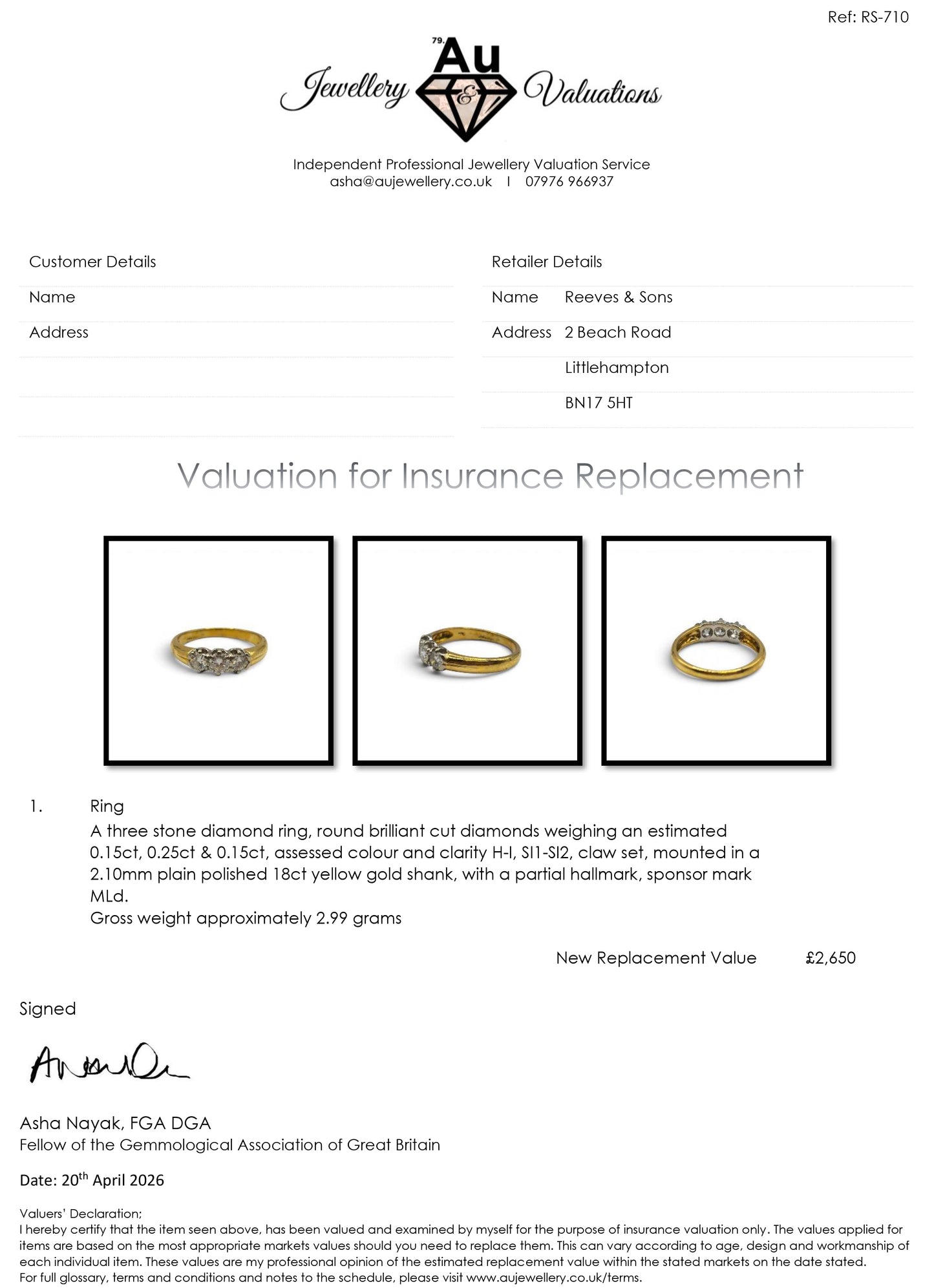 18ct yellow gold three stone diamond ring by Reeves and Sons, showcasing three sparkling diamonds on a polished gold band.