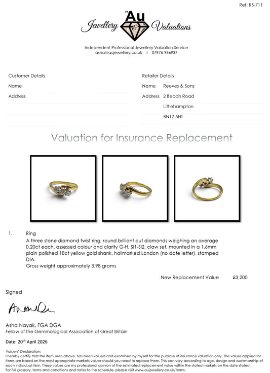 18ct yellow gold diamond twist ring by Reeves and Sons, showcasing a shimmering diamond design on a polished gold band.