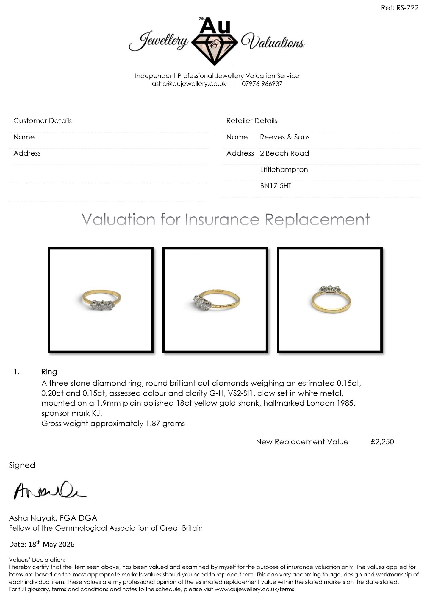 18ct yellow gold three-stone diamond ring by Reeves and Sons, featuring sparkling diamonds and elegant design.