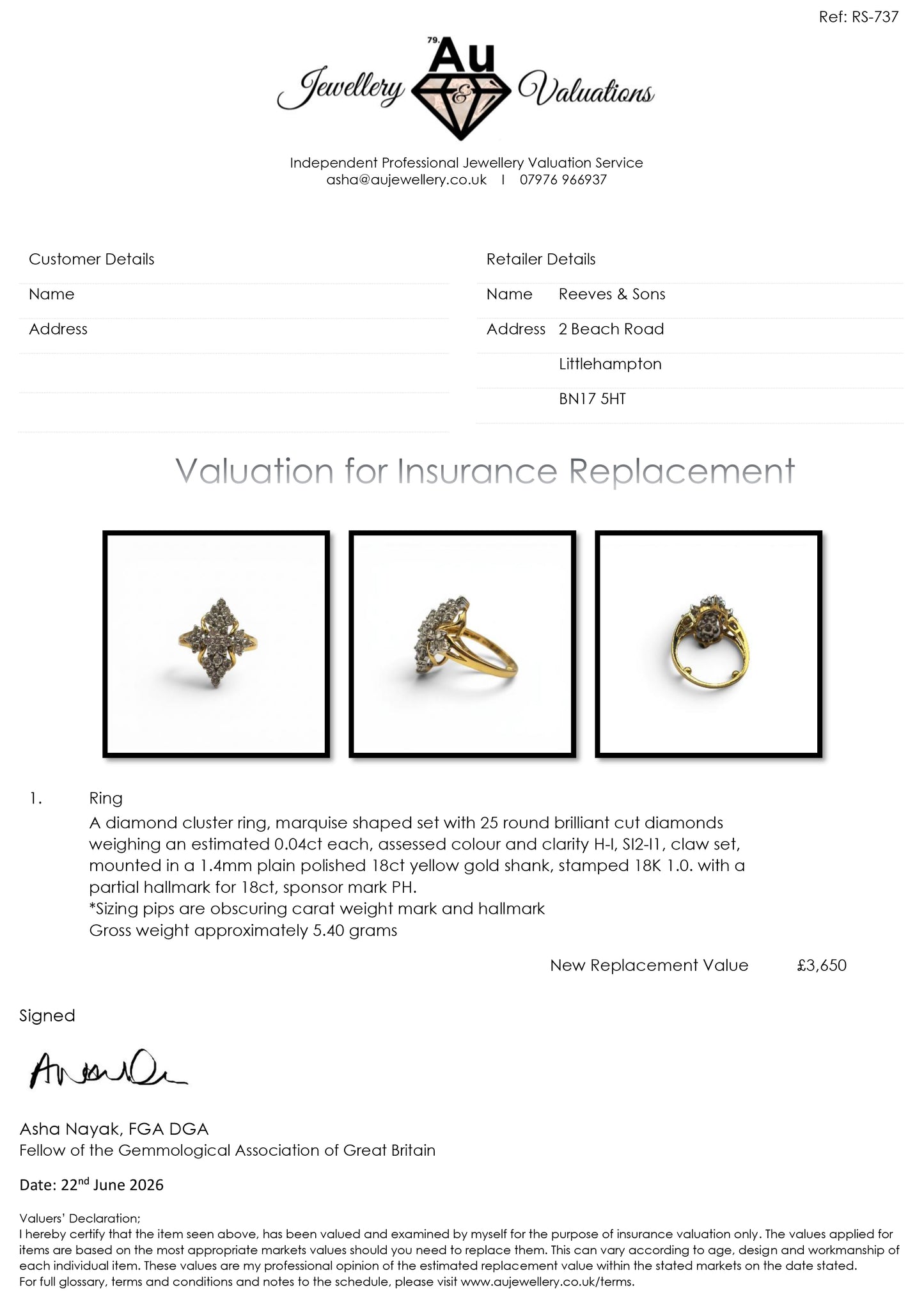 18ct yellow gold diamond ring by Reeves and Sons, featuring a sparkling diamond centerpiece and elegant design.