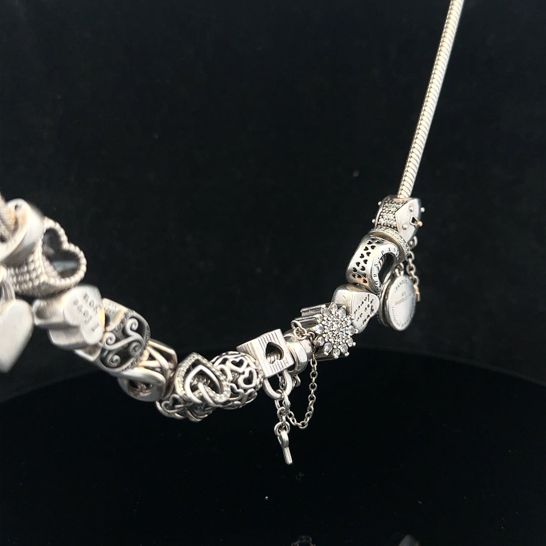 PANDORA 20-inch charm necklace chain with intricate design and silver finish, featuring a secure clasp.