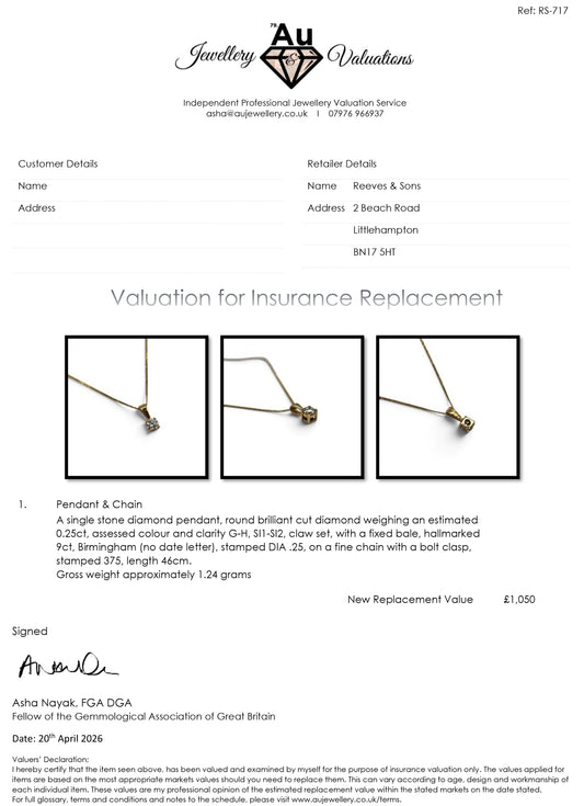9ct yellow gold chain with diamond pendant from Reeves and Sons, featuring a 0.25 carat diamond and elegant design.
