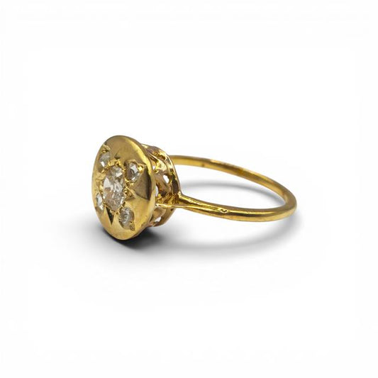 Antique 18ct yellow gold diamond ring with vintage design, unbranded with intricate detailing and sparkling diamond accents.