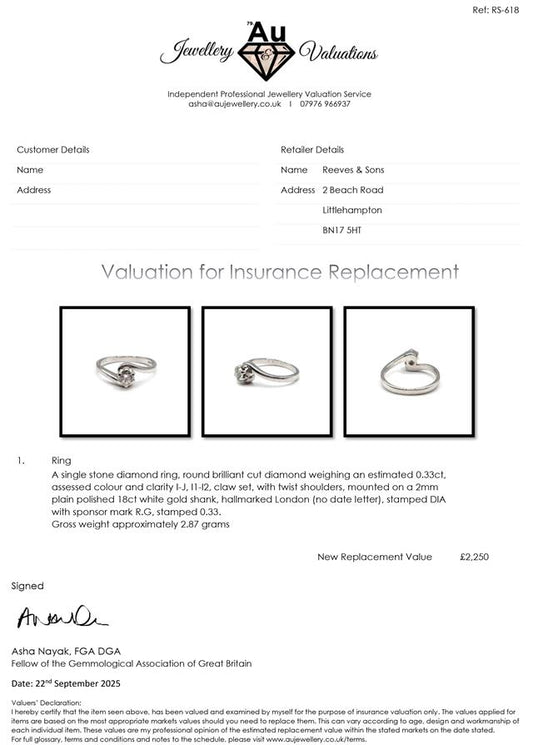 18ct white gold diamond ring with sparkling diamonds, showcasing elegant craftsmanship and a classic design.