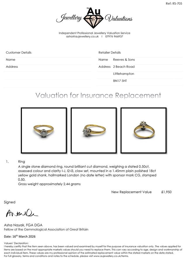 18ct yellow gold diamond ring with 1/2 carat sparkling diamonds, elegant jewelry piece with a classic design.