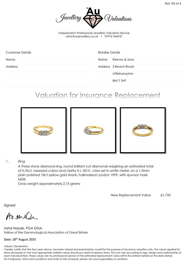 18ct yellow gold three-diamond ring with a simple, elegant band and sparkling gemstones.