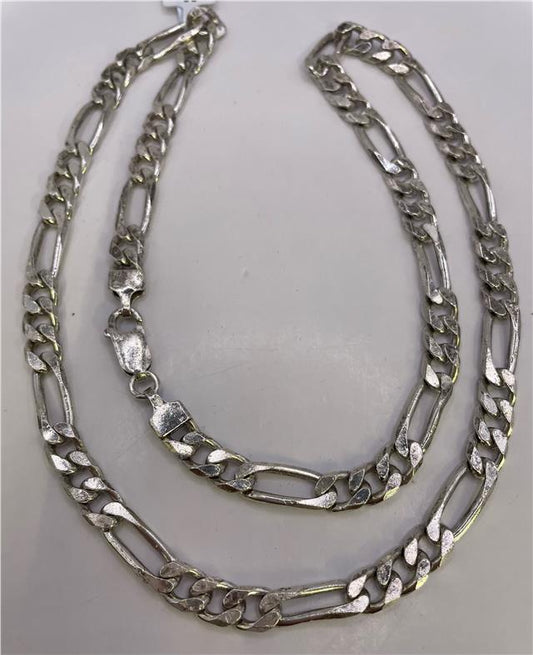 925 silver Figaro chain, unbranded, showing a close-up of the textured, linked chain design with a polished finish.
