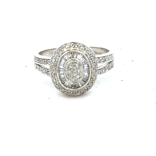 9ct white gold diamond ring with a half-caret center stone, size P, featuring a sleek band and sparkling diamond accents.