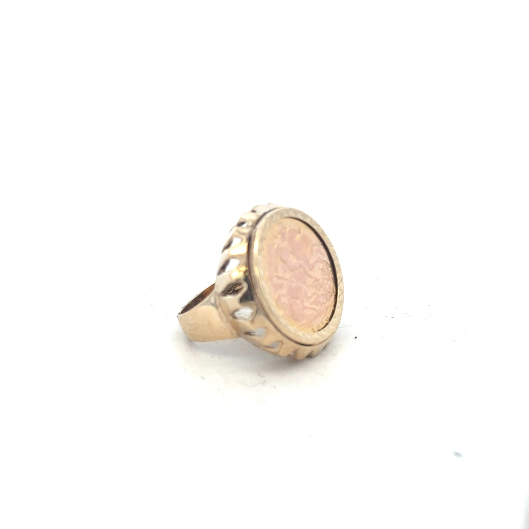 9ct yellow gold half sovereign ring from 1918, size K1/2, featuring detailed vintage coin design and classic gold band.