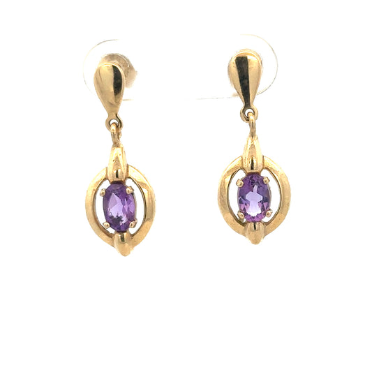 9ct yellow gold amethyst earrings with purple gemstones, unbranded, weighing 2.1g, showcasing elegant jewelry design.