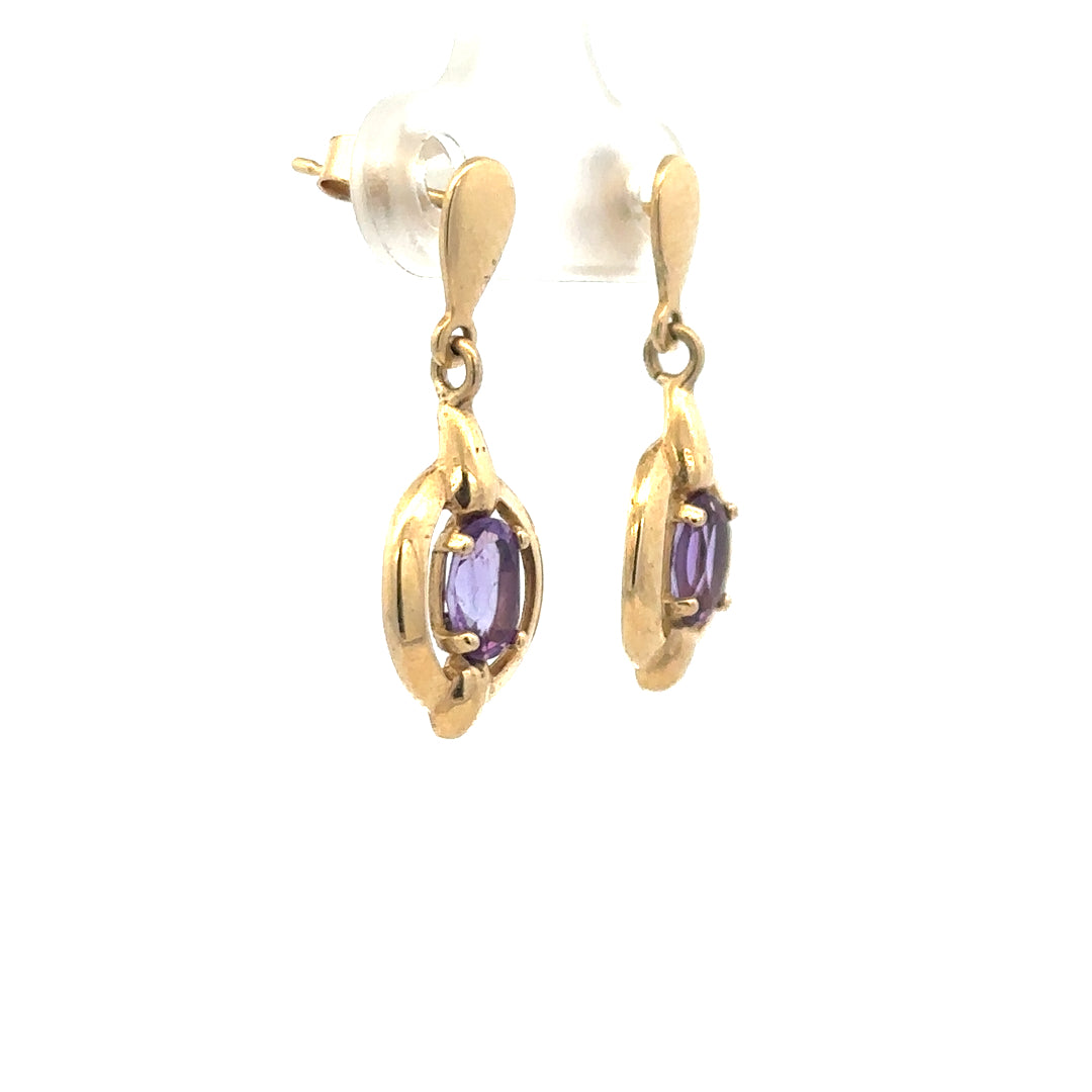 9ct yellow gold amethyst earrings with purple gemstones, featuring a simple and elegant design.