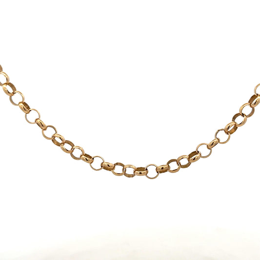 9ct yellow gold belcher chain, unbranded, 21.1g, showing the classic interlinked gold chain design on a white background.
