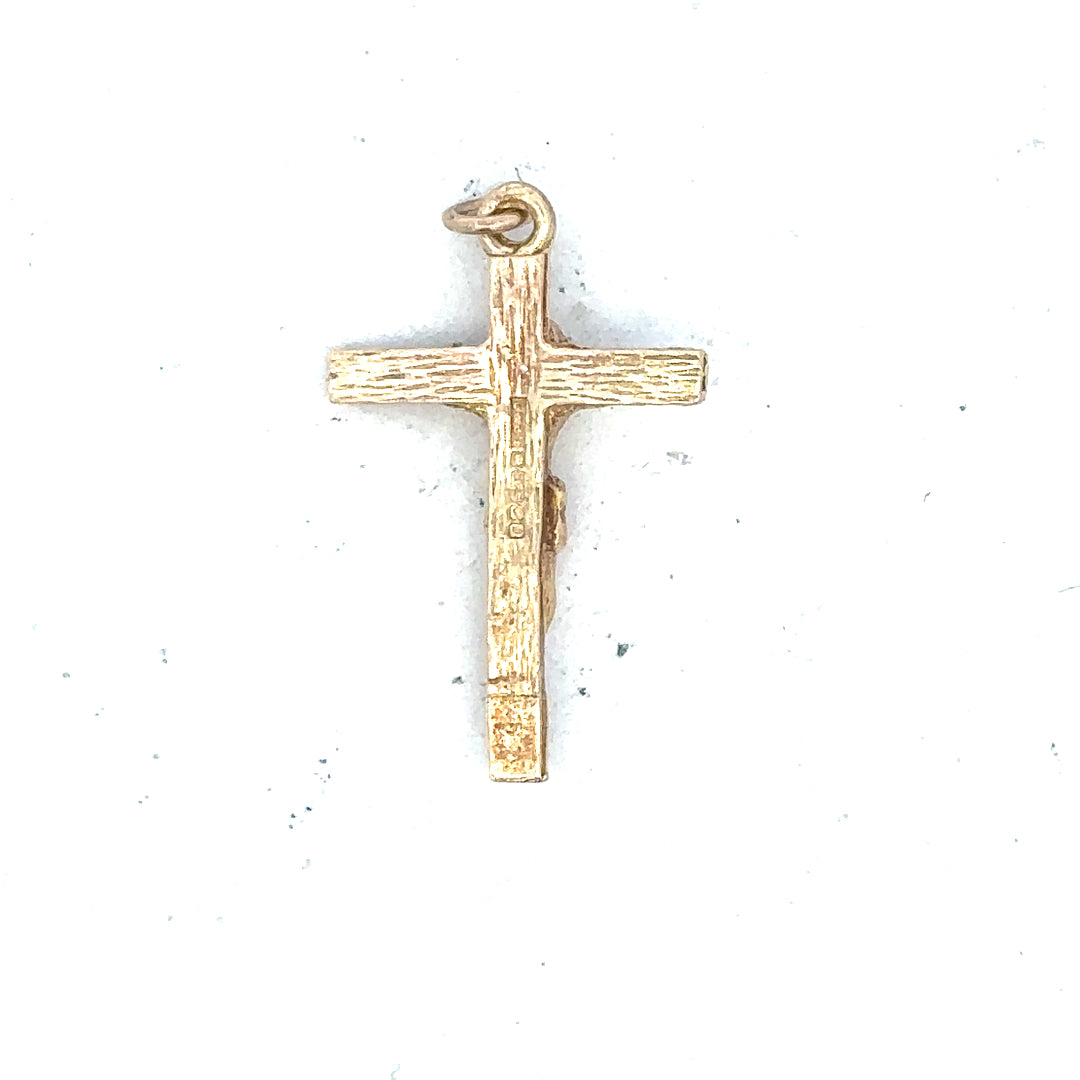 9ct yellow gold cross pendant weighing 1.6g, unbranded jewelry with detailed cross design and polished finish.