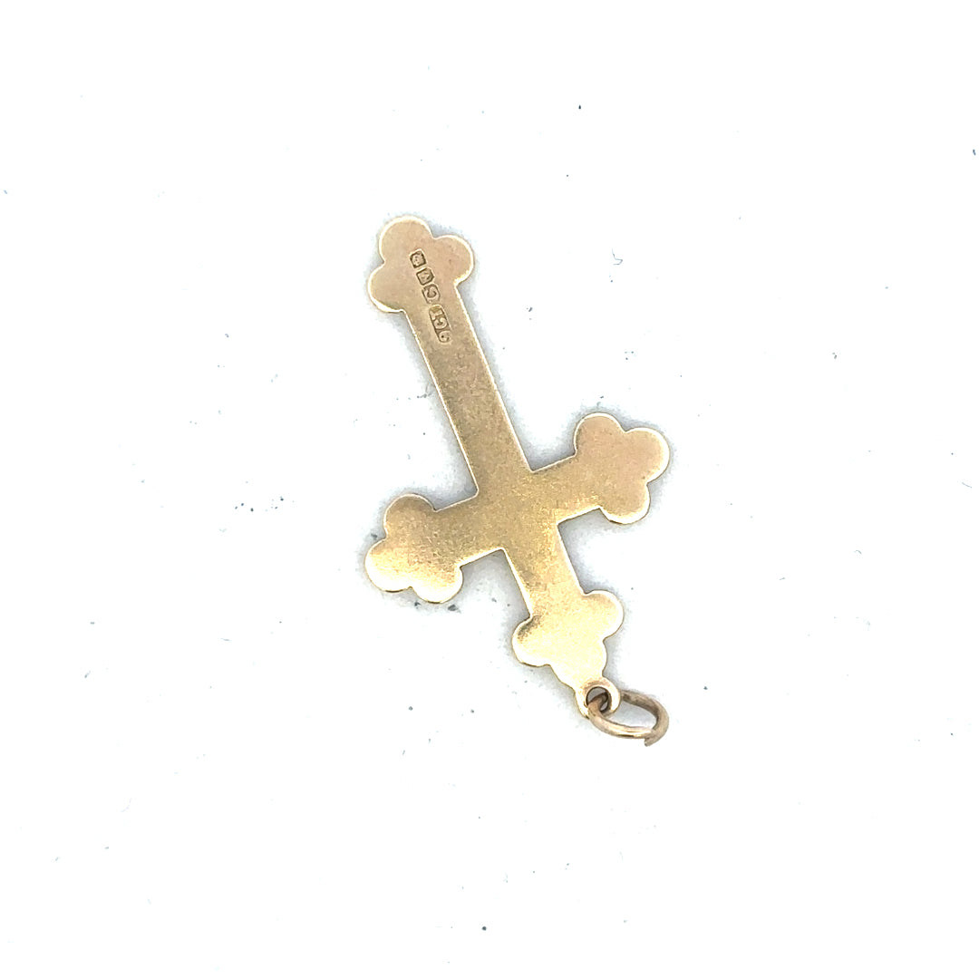 9ct yellow gold cross pendant weighing 2.7g, unbranded, with a simple and elegant design, displayed against a neutral background.