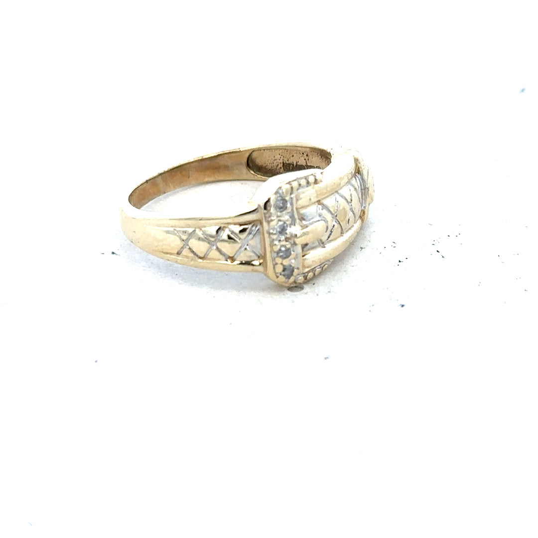 9ct yellow gold diamond buckle ring in size R, featuring a sleek design with sparkling diamonds, unbranded jewelry accessory.