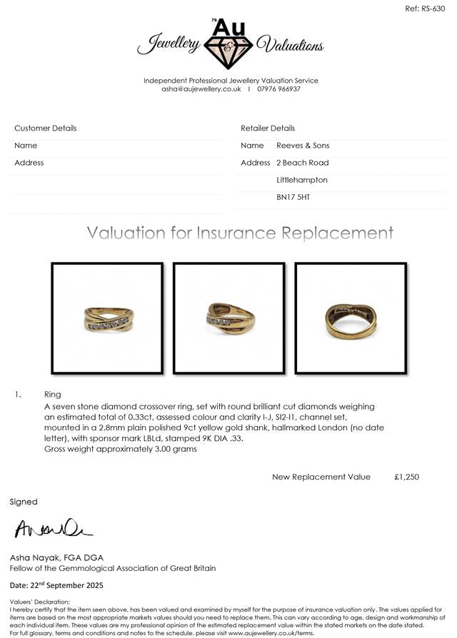 9ct yellow gold diamond crossover ring featuring sparkling diamonds and a sleek modern design.