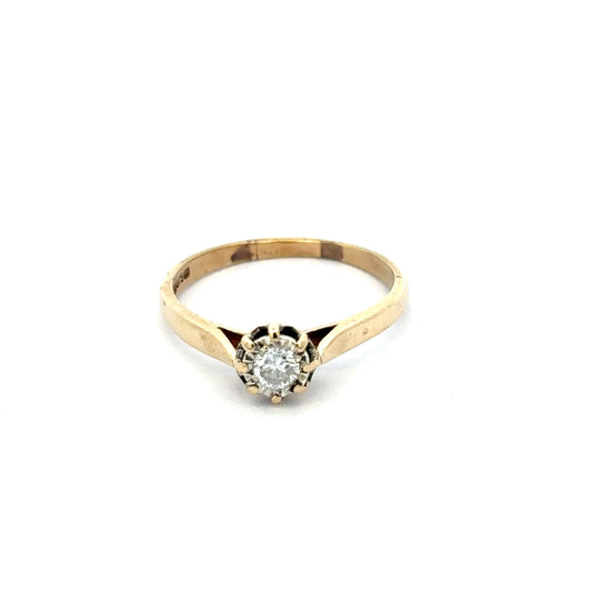 9ct yellow gold diamond ring in size R, featuring a sparkling diamond, unbranded jewelry piece with elegant design.