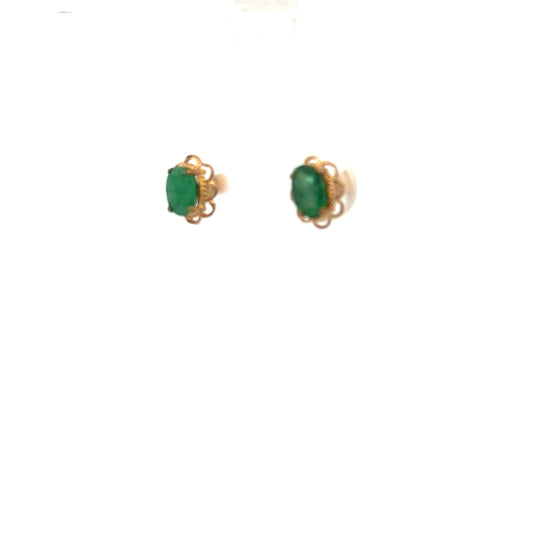 9ct yellow gold emerald earrings with delicate design, weighing 0.9g, showcasing vibrant green emeralds and elegant craftsmanship.