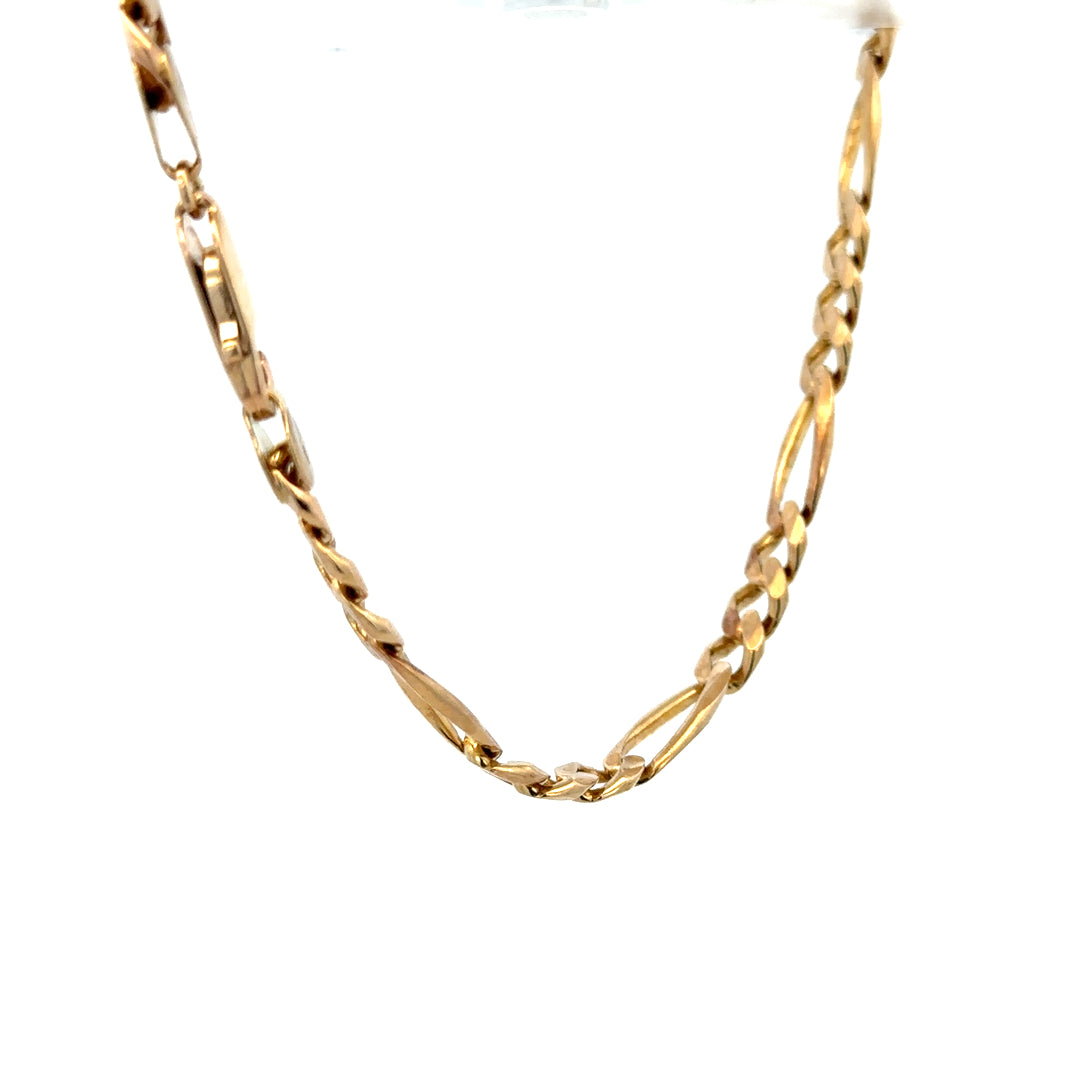 9ct yellow gold figaro bracelet weighing 13.8g, featuring classic chain links, unbranded, with a polished finish.