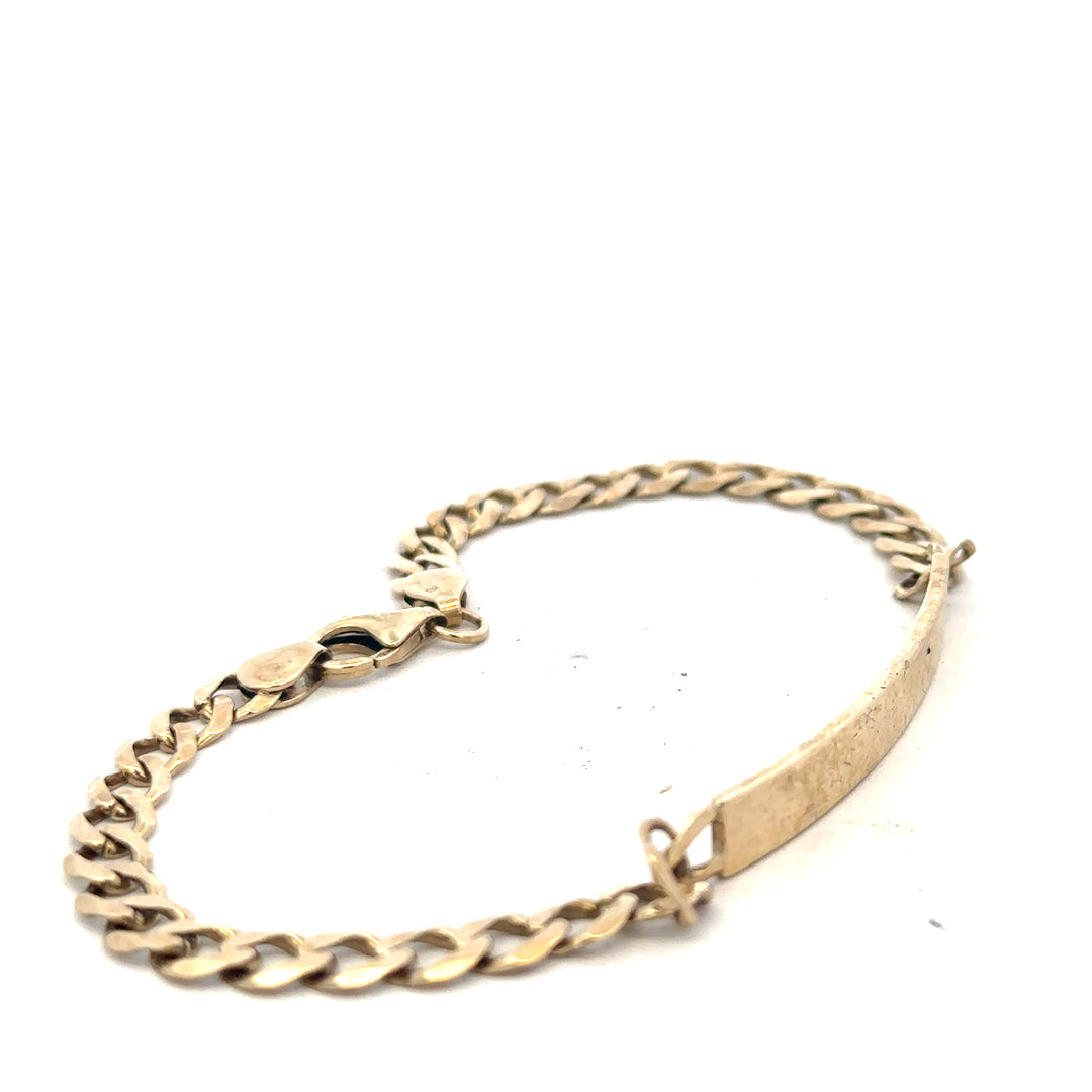 9ct yellow gold ID bracelet weighing 11.6g with a sleek design, showcased on a white background.