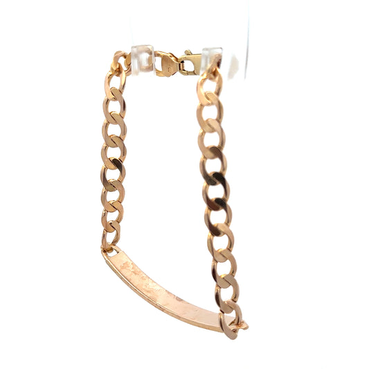 9ct yellow gold ID bracelet with a polished finish, weighing 12.2 grams, featuring a classic rectangular ID plate.