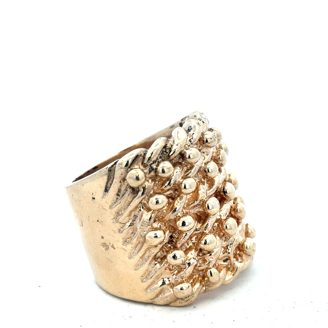 9ct yellow gold keeper ring, unbranded, showcasing a sleek design with a shiny finish and a weight of 61.1 grams.
