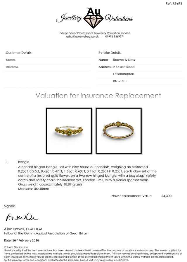 9ct yellow gold peridot bangle bracelet with vibrant green gemstones and elegant design, unbranded jewelry accessory