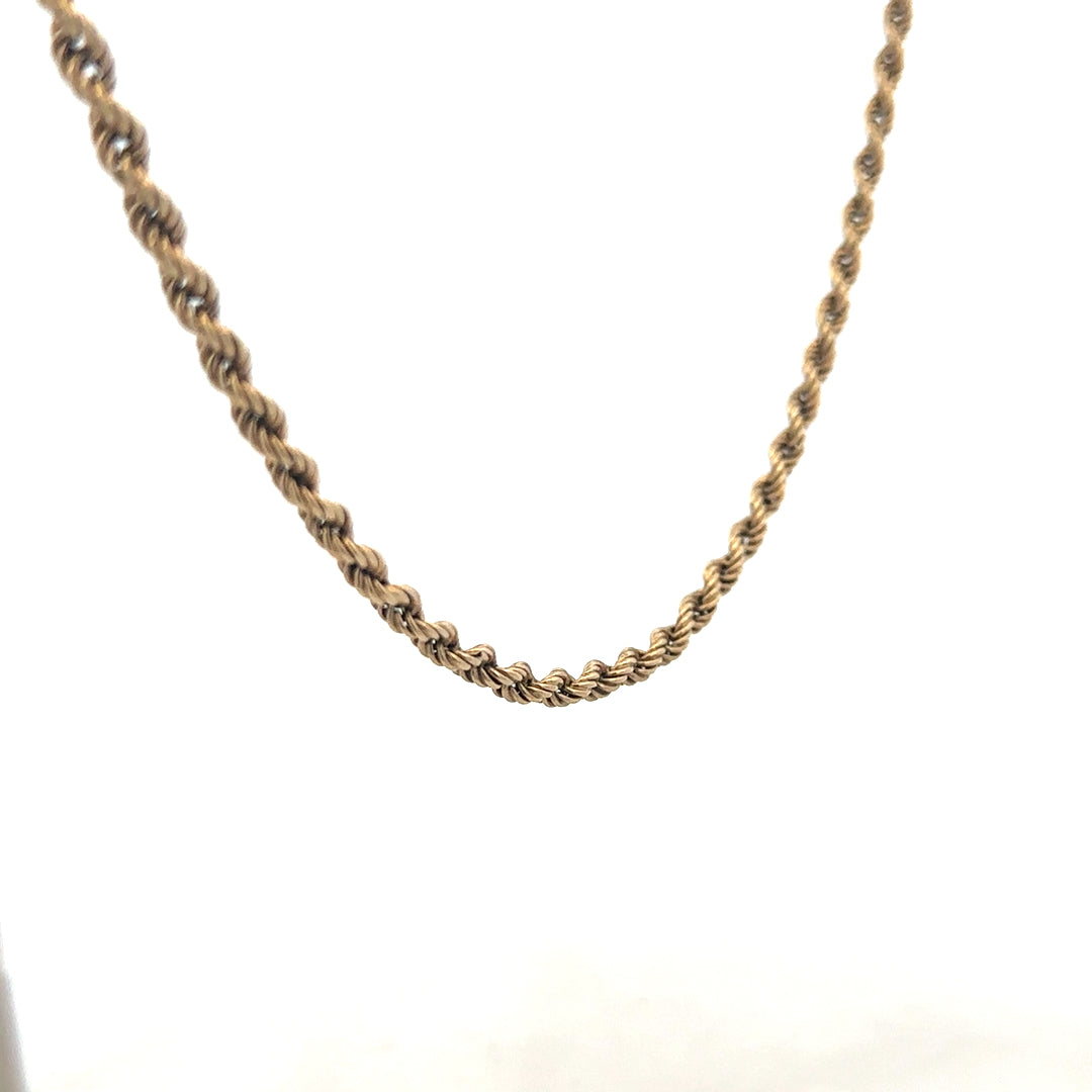 9ct yellow gold rope chain, 7g, unbranded jewelry with a detailed twisted rope design, shown on a plain background.