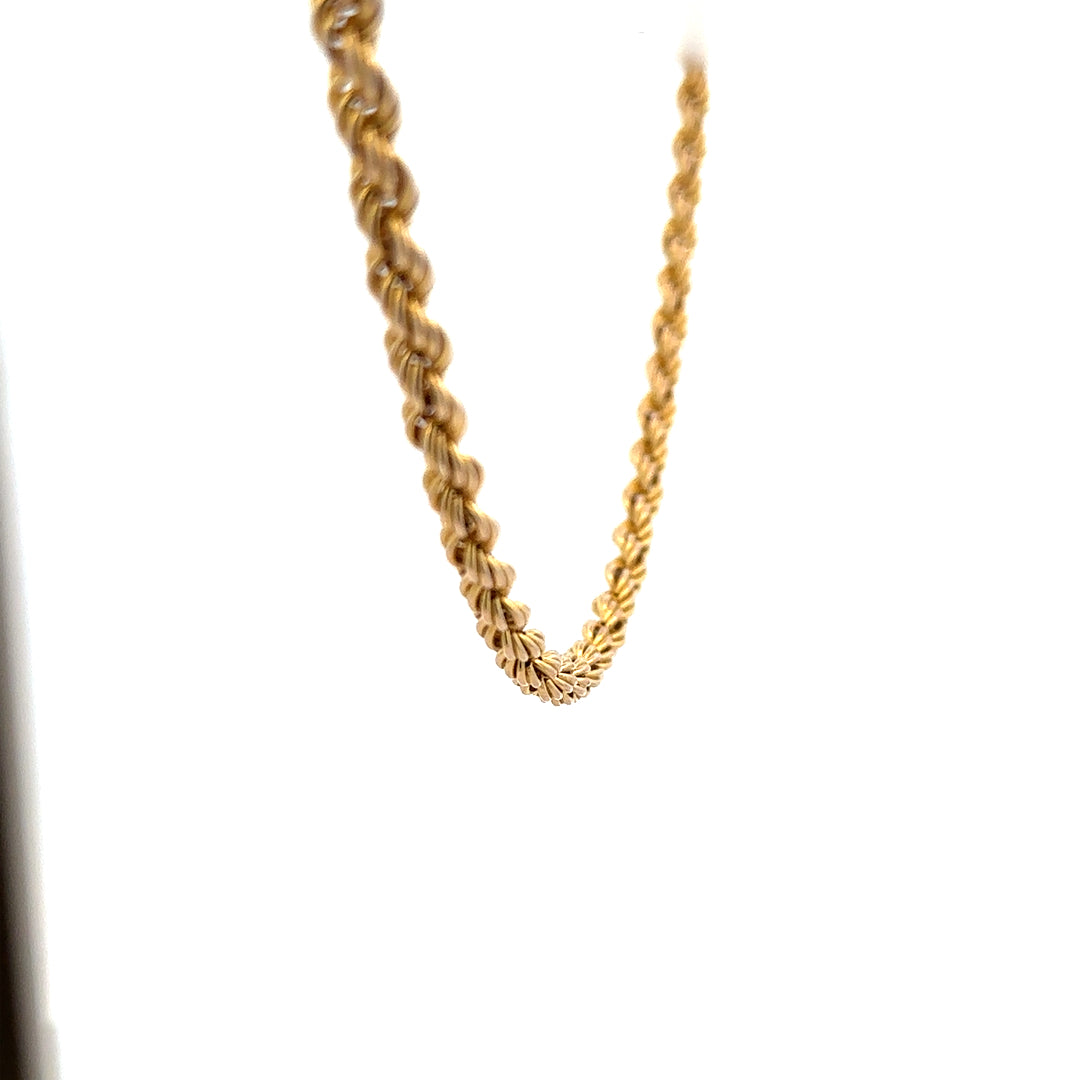 9ct yellow gold rope chain weighing 9.4g, featuring a classic textured design and secure clasp, unbranded jewelry accessory.