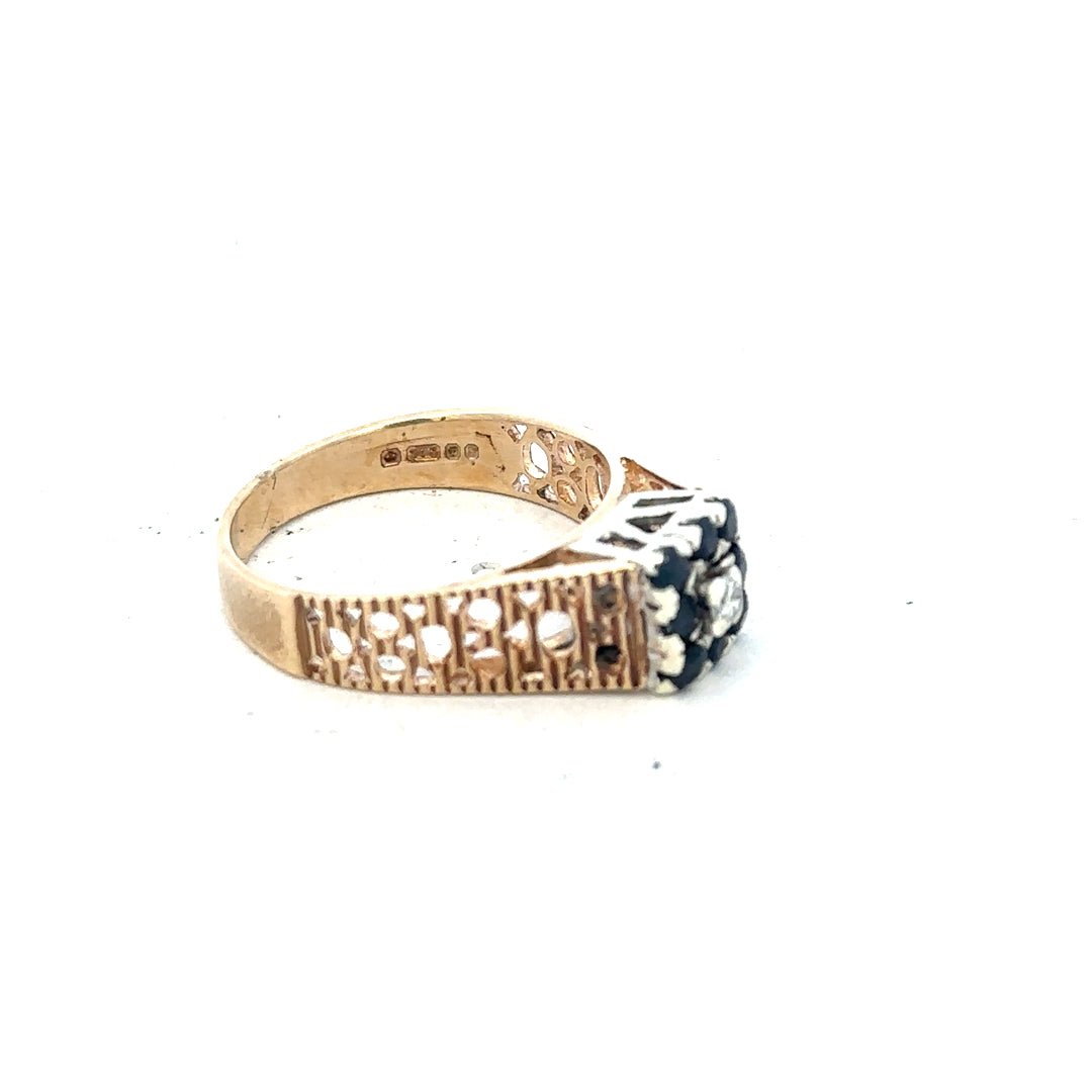 9ct yellow gold sapphire and diamond ring, size N1/2, featuring a sparkling gemstone and elegant design.