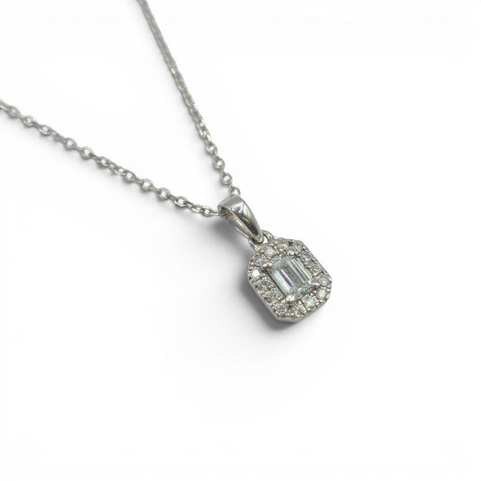 Reeves and Sons 18ct white gold diamond cluster pendant chain, showcasing a sparkling diamond cluster design on a fine chain