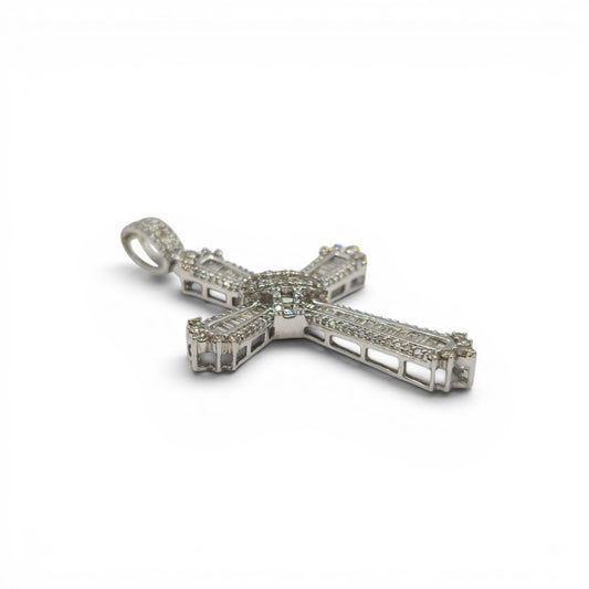9ct white gold diamond cross pendant by Reeves and Sons, detailed close-up showing sparkling diamonds and intricate design.