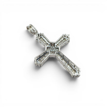 9ct white gold diamond cross pendant by Reeves and Sons, featuring a detailed cross design with sparkling diamonds.