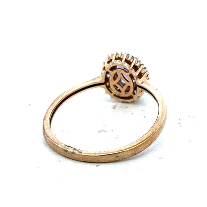 9ct yellow gold diamond ring size T with sparkling diamonds, unbranded, showcasing intricate design and shiny gold band.
