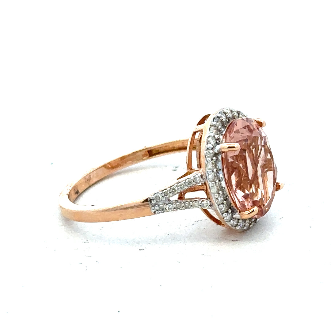 14ct gold Morganite and diamond ring, size S, featuring a sparkling gemstone and elegant design, unbranded jewelry piece.