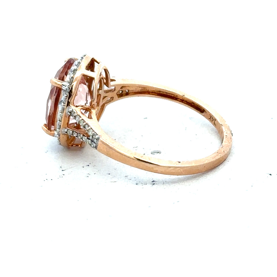 14ct gold ring with morgantite and diamond accents, size S, featuring intricate design and sparkling gemstones.