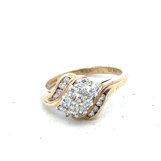 9ct yellow gold diamond ring with 0.26 carats, size P, featuring a classic design and sparkling diamonds.