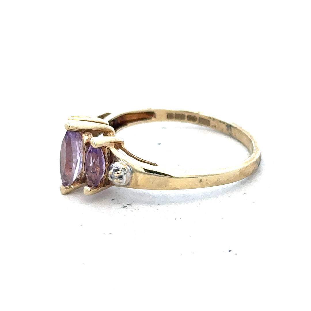 9ct yellow gold amethyst and diamond ring with intricate band design, size P, unbranded jewelry piece.