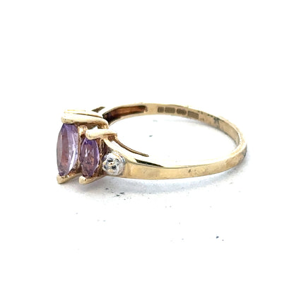 9ct yellow gold amethyst and diamond ring with intricate band design, size P, unbranded jewelry piece.