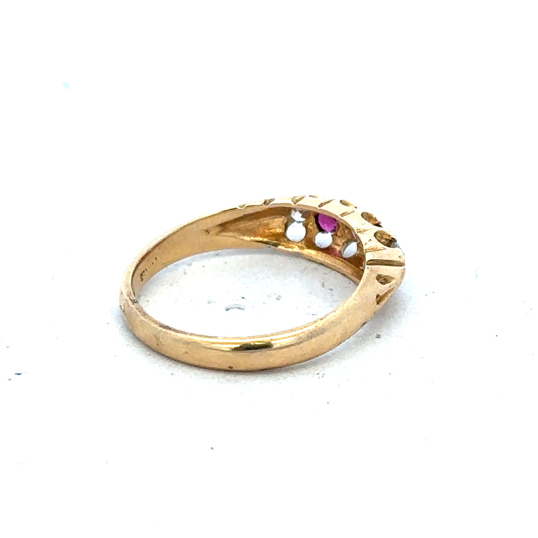 18ct yellow gold diamond and ruby ring, size N, showcasing a sparkling gemstone design with intricate gold band.