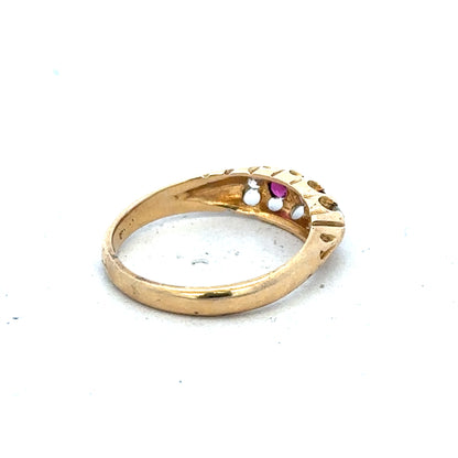 18ct yellow gold diamond and ruby ring, size N, showcasing a sparkling gemstone design with intricate gold band.