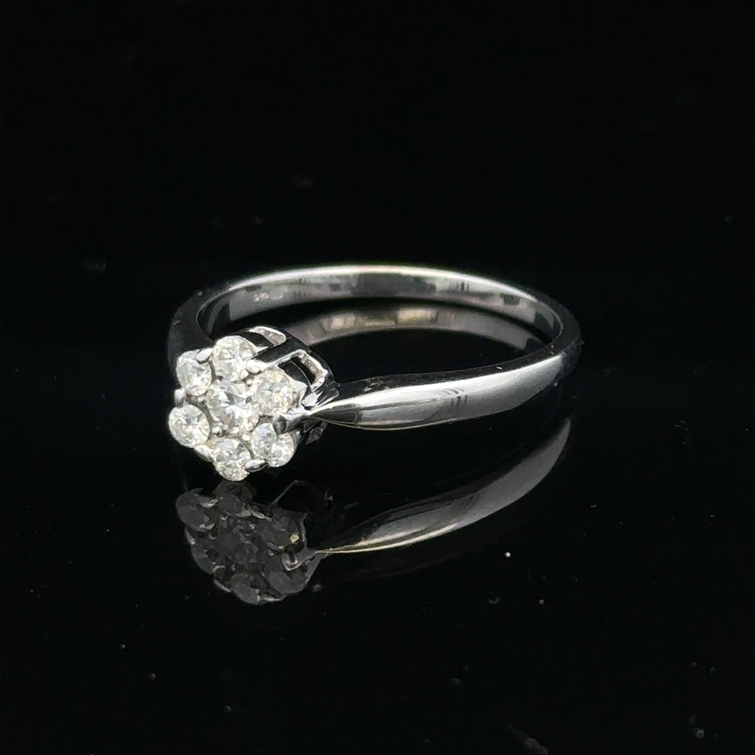 9ct white gold diamond cluster ring size O 1/2 with sparkling diamonds on a simple band