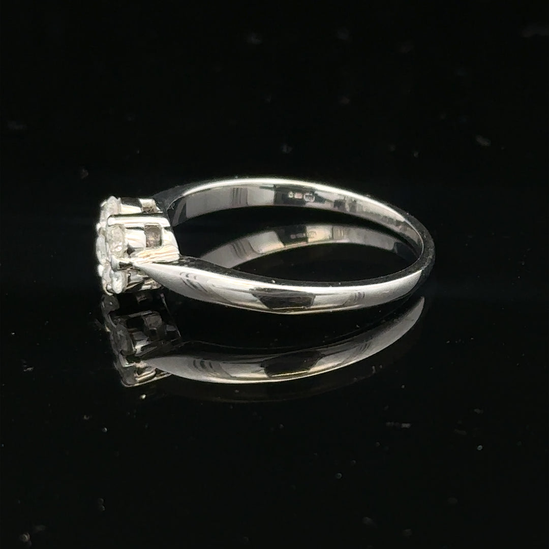 9ct white gold diamond cluster ring size O 1/2 with sparkling diamond setting and elegant design, unbranded jewelry.