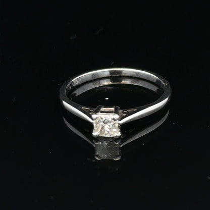 18ct yellow gold diamond ring with a 1/3 carat princess cut diamond, size M, featuring a sleek, elegant design.