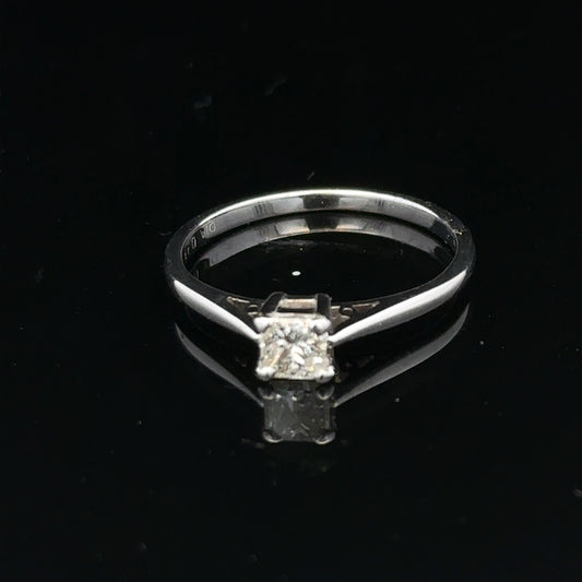 18ct yellow gold diamond ring with a 1/3 carat princess cut diamond, size M, featuring a sleek, elegant design.